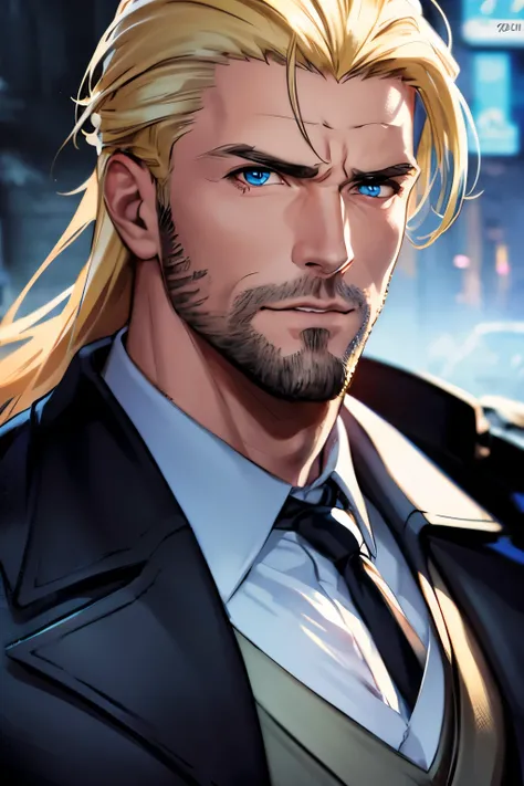 anime style, a man in his 30s, long blonde hair, sparse beard, blue eyes, determined expression, wearing a black tactical jacket, cinematic lighting, dramatic pose, 8k, photorealistic, hyper detailed, exquisite facial features, sharp focus, digital art, co...