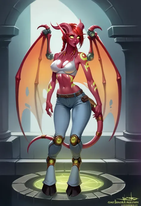 A full body image of a fel blood elf and draenei (manari eredar) halfbreed woman with intense bright fiery red skin, long pointy ears and massive heavy draenei horns, she looks like a blend of elf and draenei features, she has face tentacles, large round b...