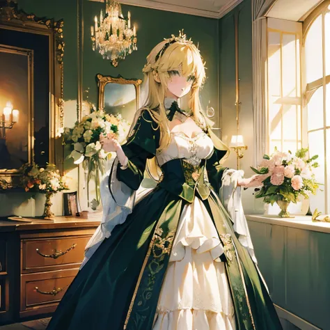 (high-res:1.2),German upper class,cool,beautiful,glamorous lady,(16-year-old) [teenager],Blonde,(long hair:1.1),green eyes,(tsurime:1.1),The background is a private room in a mansion,(1939),