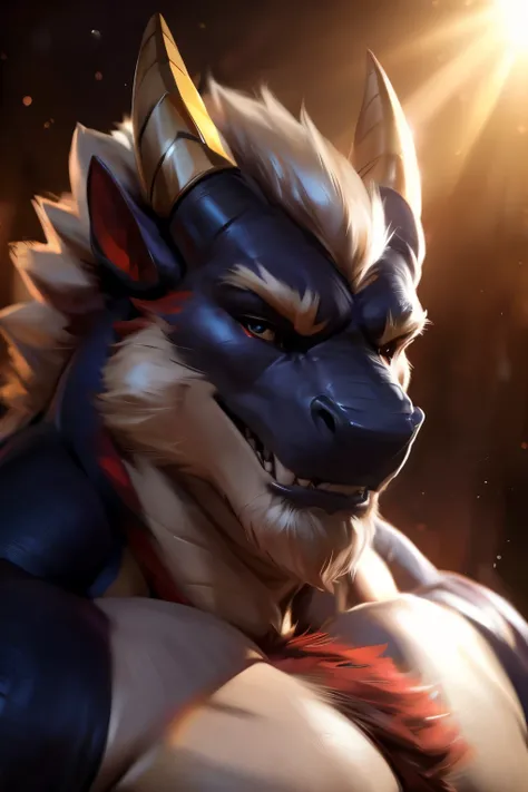 Dragon, Male, Solo, Avoiding eye contact with viewer, handsome face, hair, horn, detailed eyes, detailed face, Multi-colored body, correct face, Middle-aged, Sexy, Beefcake, Daddy,masculine,massive muscular, (Realistic Shadows, Depth of Field, Wide Field o...