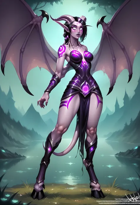 a full body image of a night elf and void forged draenei halfbreed woman with dark blue and purple skin, long pointy ears and lo...