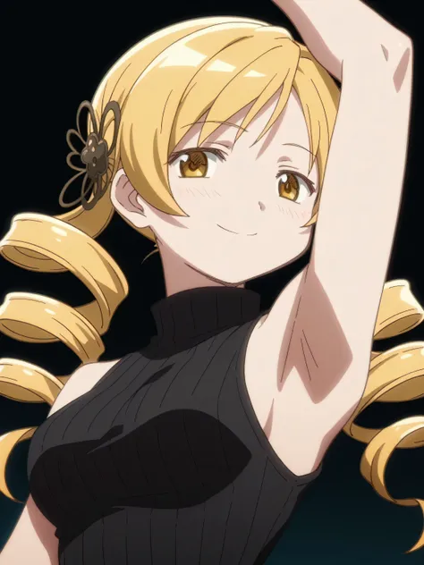 score_9, score_8_up, score_7_up, source_anime, anime screencap, mami tomoe, hair drills, sweater, ribbed sweater, ribbed, turtle...