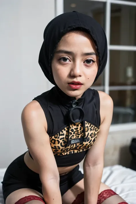 (((sad face expression:1.1)), ((neck lce ribbon)), ((gothic black eyelashes & lips)), ((black lips)), ((very stylista hijab femb...