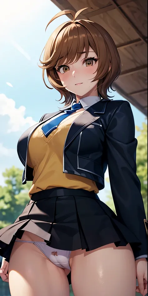 1 Female,High definition,high resolution,Ultra-realistic,8K, hmza, short hair, antenna hair, brown eyes, , blue necktie, (black jacket), yellow shirt,long sleeves,( black skirt),tight skirt , miniskirt,European,sexy,Upper body close-up,Photographed from th...