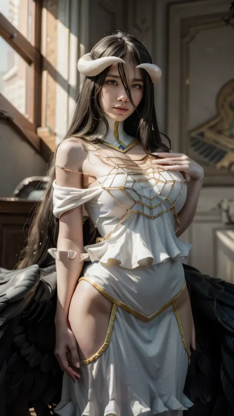 albedo from overlord anime, realistic, age 30, extreme pure white skin, yellow eyes, split pupils, dark black hair, perfect face...