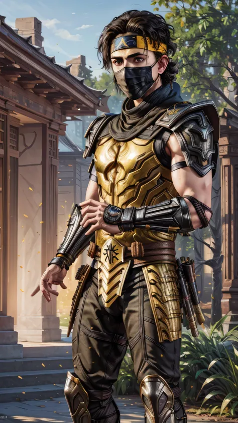 (timothee chalamet) as takeda takahashi from mortal kombat, black hair, headband, ((ninja mask)), scarf, metal armor, yellow arm...