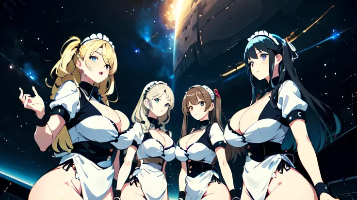 Masterpiece, 4girls, each dressed as a maid. The maids are wearing identical uniforms, beauty and cute, high detailed, dinamic lighting, vivid colours, ultra large saggy breasts, massive cleavage exposed, A giant spacecraft navigating interstellar space, S...