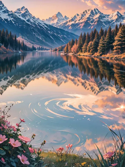 Heres a detailed prompt for generating AI images of beautiful scenery:

"Create a serene landscape featuring a tranquil lake surrounded by lush green forests. The scene is set at dawn, with the first light of the sun casting a golden glow on the water. Mis...