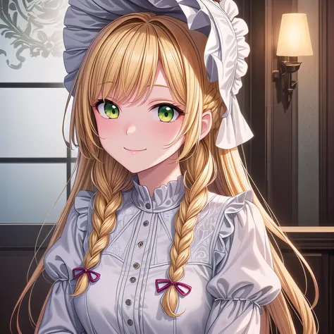 ((masterpiece)), ((Highest quality)), (demure), (bashful), (coy), 1girl, upper body, from front, ((A refined young lady with yellow hair and yellow-green eyes.)), (Beautifully detailed droopy eyes), ((Bangs)), ((braids)), Long-sleeved dress with frills, (b...