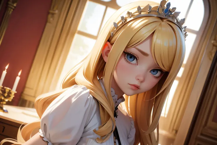 Arrogant young lady, blonde 　look of disgust　looking at the camera　 Inside the mansion　up　Low - Angle