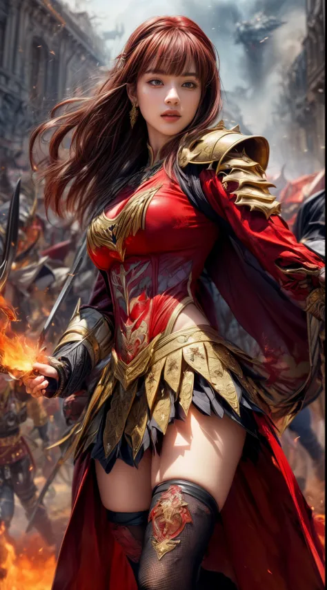 Very beautiful woman、Slender women、(Detailed face)、Realistic Skin、((Knight of Fire)), (((Red Armor:1.25)))、((((Black armor with very fine and intricate decoration))))、((Delicate photo))，(Girl Astepeace RAW Photo Details:1.25), (highest quality:1.6), (超A hi...