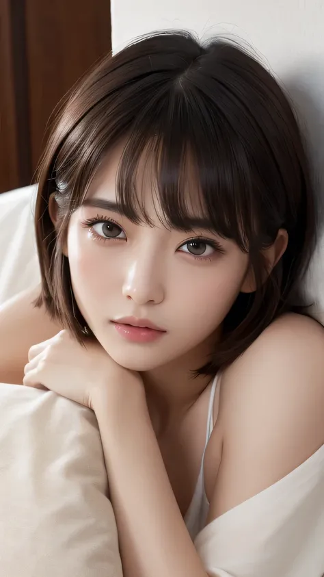 (Ultra-realistic), (figure), (High resolution), (8k), (Very detailed), (Best figure), (Beautiful and detailed), (Highest quality), (Super detailed), (masterpiece), (wallpaper), (Detailed face), alone, One Girl, watching viewer, Sleeping in bed、pillow、Put o...