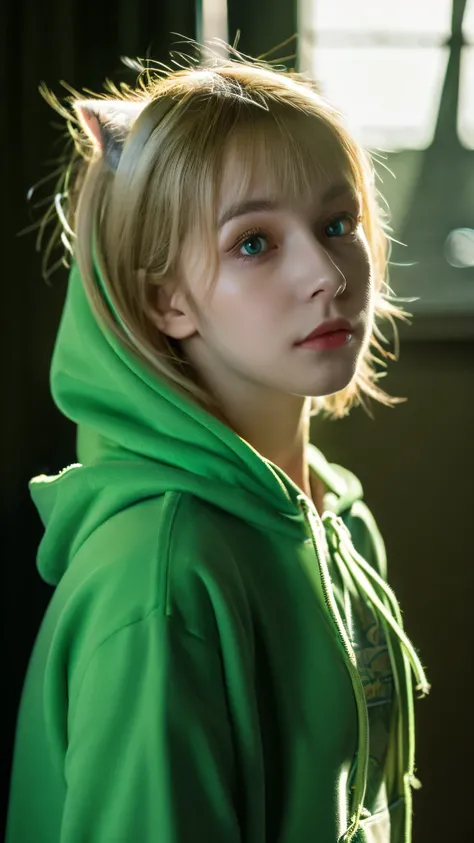 Best quality, masterpiece, ultra high res, (photorealistic:1.4), raw photo, 1girl,blondie hair,have a cat ears,green eyes,wearing old green hoodie,short pants, in the dark, deep shadow, low key, cold light