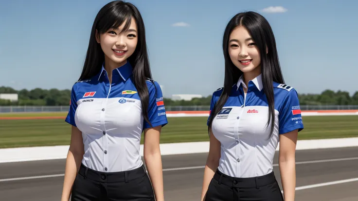 masterpiece, 2girls, smile, F1 PILOT uniform, huge breasts, solo, light smile, shirt, black shirt, skintight uniform, black pants, very long hair, black hair, shirtlift