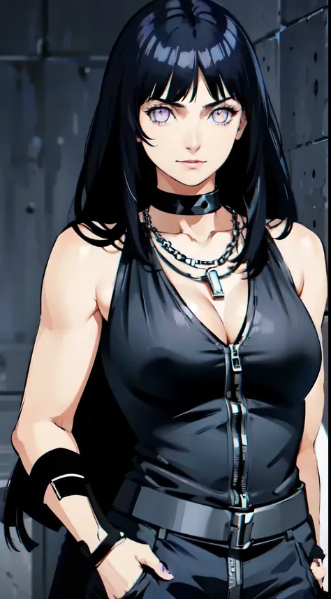 masterpiece,stunning realistic,best quality,sharpness,sharp face,smil，Rot im Gesicht sein，Photo of the upper body
black long hair，purple eyes,big ,tanktop,cargopants with many pockets,black cloak,silver necklace,silver chain,black gloves