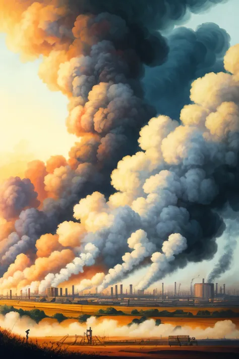 An illustration with smoky factories and robots manipulating nature, while the Earth looks sick in the background, Affected by human activity.

