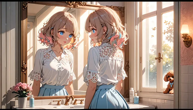 A girl looking into a mirror in the washroom,（a toy poodle at her feet:1.2), a girl with white blouse and light blue skirt, extremely detailed, high quality, intricate details, warm soft lighting, beautiful detailed eyes, beautiful detailed lips, cinematic...