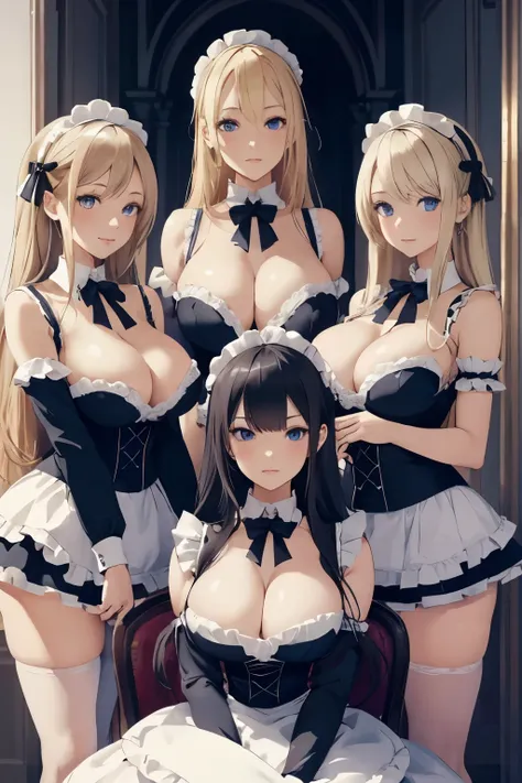 Masterpiece, 4girls, each dressed as a maid. The maids are wearing identical uniforms, beauty and cute, high detailed, dinamic lighting, vivid colours, ultra large saggy breasts, massive cleavage exposed, A giant spacecraft navigating interstellar space, S...