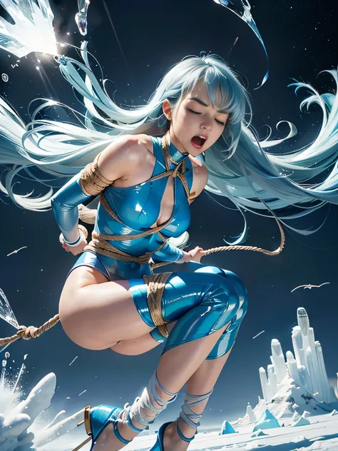 superheroine, long long gorgeous light blue hair, ((rough rope wrapped around body, tighten up)), latex, leotard, skyblue and white costume, captured, shibari, static restrained, ((arms behind back)), chained, rope bind,collared, cruelly, painful, helpless...