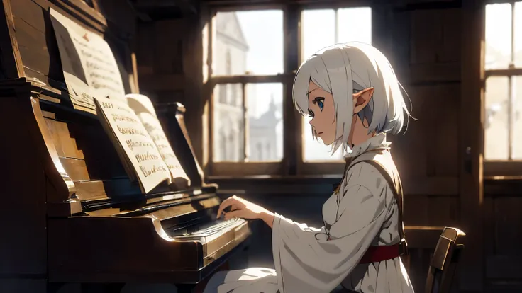 elf girl with white hair, wearing medieval dress, playing piano in gloomy light inside medieval room.