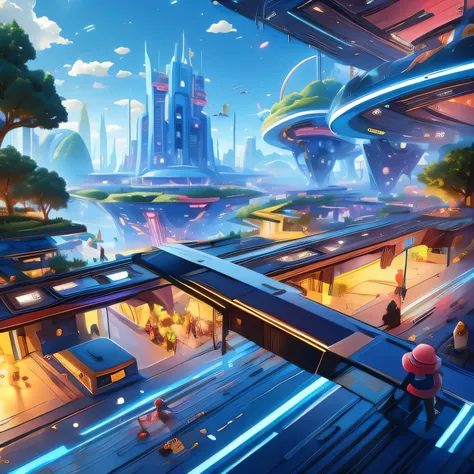 child-friendly future city design，futuristic building，futuristic，children's style，disney style