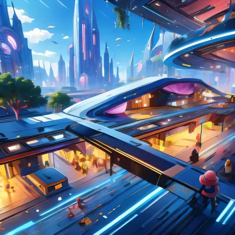 child-friendly future city design，futuristic building，futuristic，children's style，disney style