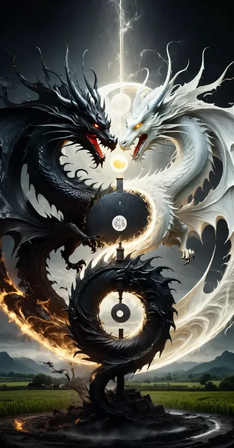 wabstyle natural order style,a dragon standing in front of a farm，it summons a glowing yin-yang symbol in front of it,special ef...