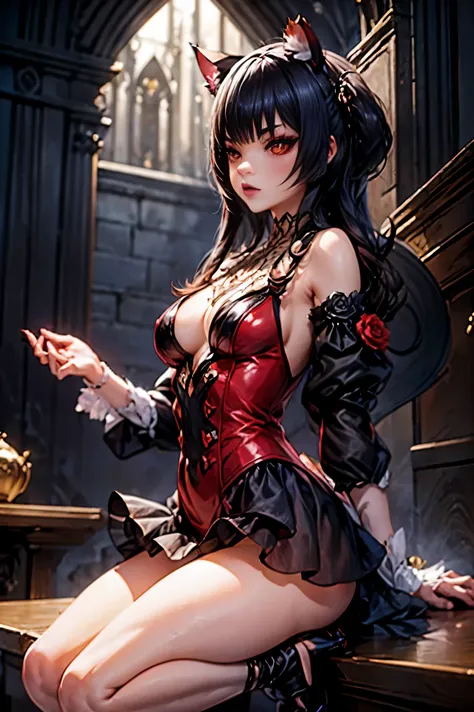 (((junkotvv neko girl, cat ears, red eyes))), beautifully lit, intricate details, sexy,  large , gothic woman with black hair, tanned skin, gothic church background, hyperrealistic, gothic vibes, Betsey Johnson floral Christian Louboutin high-concept edito...