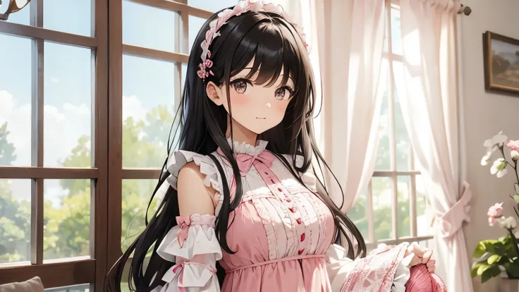 A beautiful woman wearing a pink and white panier dress with lots of frills and lace.　Long black hair half-up with hair accessories　Upper Body