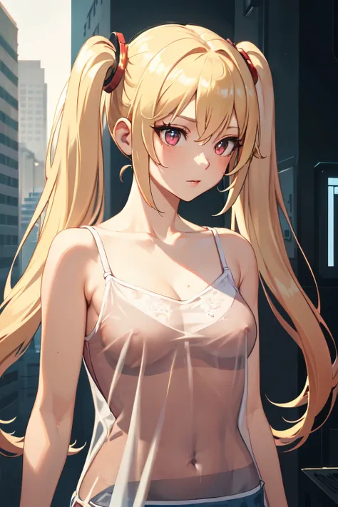 Optimal，masterpiece，High resolution，Highest quality，Hyper HD，Very detailed，Award-winning，16K，alone，（Upper Body），Correct Anatomy，Beautiful Cyberpunk Girl，Cowboy Shot、Cute Face，，blonde、Long Hair、Twin tails、Braiding, Hairline，（（Scarlet Eyes）），Long eyelashes，D...