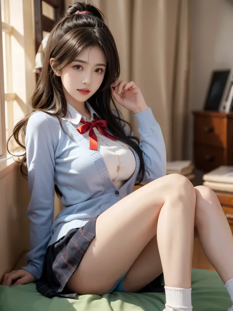 Enjou Minamo
long hair,long wavy blond hair,hair intakes,floating hair,hair between eyes,brown eyes
school uniform,blazer,blue jacket,wing collar,yellow sweater ,collared shirt,white shirt,neck ribbon,red ribbon,long sleeves,large breasts,miniskirt,green s...