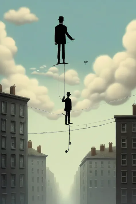 Alex Andreev style - Inverted City Skyline, Unicyclist on a Telephone Wire, Pixar and René Magritte style