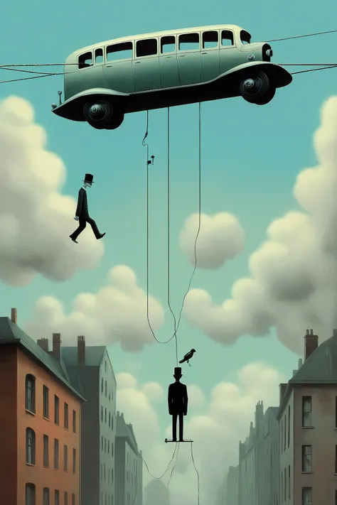 Alex Andreev style - Inverted City Skyline, Unicyclist on a Telephone Wire, Pixar and René Magritte style