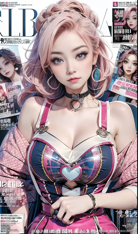 best quality, masterpiece, high resolution, A girl, Super beautiful face, Very beautiful eyes, Very nice pink hair，(magazine cover:1.2)，popular Harajuku style rock fashion，Show your shoulders, emphasis Super huge Very huge , I can see her cleavage 