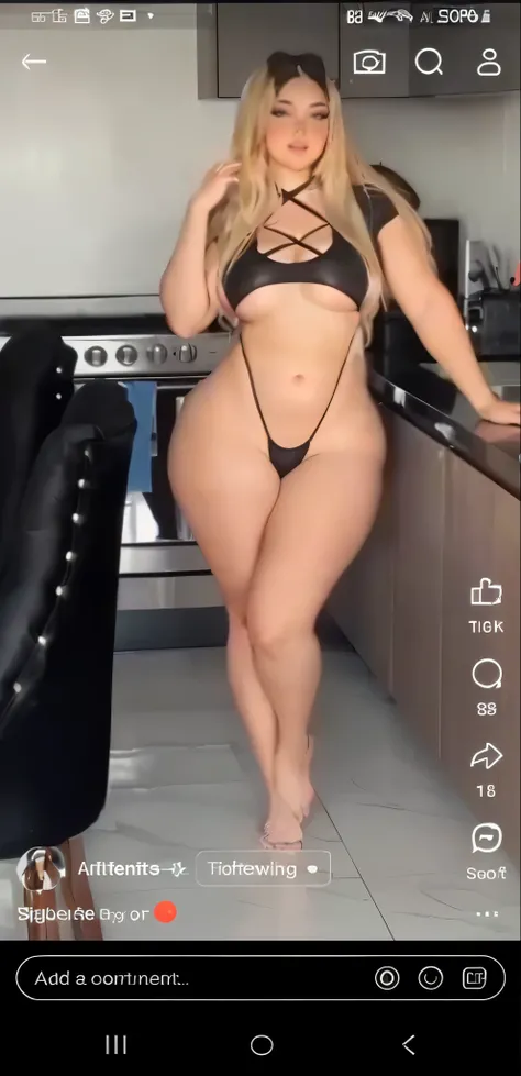 a close up of a woman in a bikini posing in a kitchen, sexy body, sexy look, thick body, sexy hot body, thicc, pawg, she has a jiggly fat round belly, thick legs, beautiful curves, good hips and long legs, perfect body, thick, thick thighs, tiktok video, t...