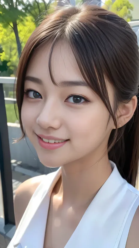 (8k, Highest quality, Real,Ultra-high resolution:1.5),Beautiful Japanese Women, ((Cute Smile)),18-year-old,（Updo）, (Sleeveless shirt with collar), A side profile peering into this, Close-up shot of the face、