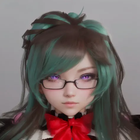 Close up portrait of woman in glasses and bow tie, Anime-style 3D, Pink pigtails and cyan eyes, Mikudayo, 3D Anime Real, Belle Delphine, Close-up of a young anime girl, Has a very detailed face, Realistic Anime 3D Style, Cute 3D anime rendering, realistic ...