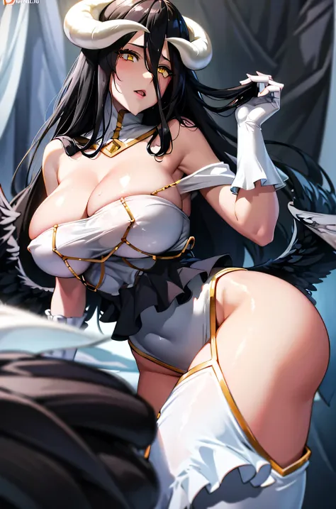 Albedo from overlord anime, perfect illustration, realistic, age 28, seductive, extreme detailed face, pure white skin, yellow eyes, split pupils, dark black hair, perfect face, perfect shape body, large perfect breasts, white horns, black lower wings, 3d,...