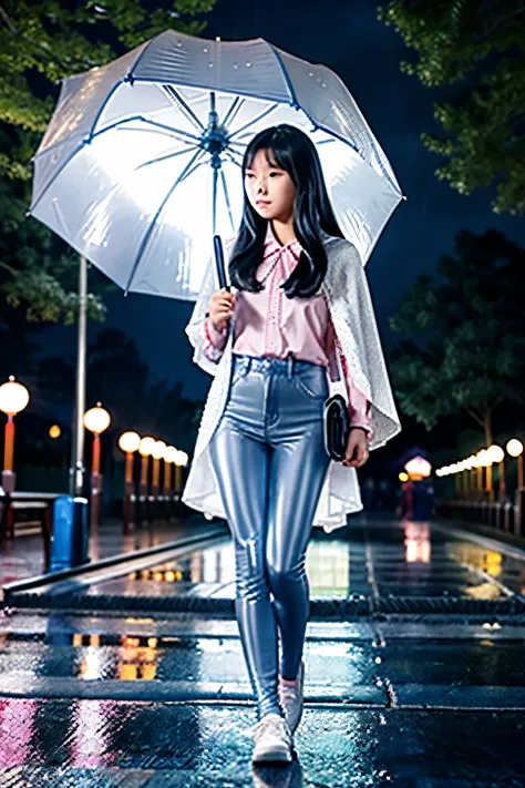 On the rainy playground, the girl hit the umbrella above her head, and held an umbrella in her other hand, blue denim leggings, masterpiece superb night moon full moon 1 female mature woman, Chinese sister royal sister cold face showing silver white long h...