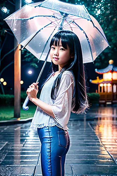 On the rainy playground, the girl hit the umbrella above her head, and held an umbrella in her other hand, blue denim leggings, masterpiece superb night moon full moon 1 female mature woman, Chinese sister royal sister cold face showing silver white long h...