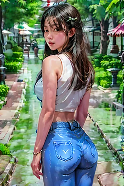 On the rainy playground, the girl hit the umbrella above her head, and held an umbrella in her other hand, blue denim leggings, masterpiece superb night moon full moon 1 female mature woman, Chinese sister royal sister cold face showing silver white long h...