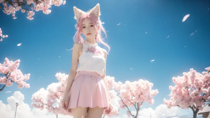 Nine snow-white fox tails (1.0), Milky white fox tail (1.0), Close-up of nine-tailed fox, Nine Tails, Nine Tails, anime manga girl，Pink hair，Pink skirt，flowers in his hair, Very beautiful anime fox girl, Beautiful anime fox girl, Beautiful fantasy anime, G...