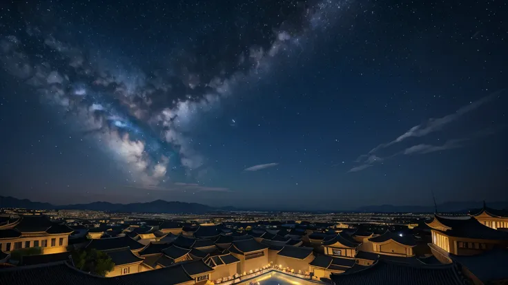 The sky is a deep blue, star-studded night sky，A complex of ancient Chinese architecture，Magnificent，Jewels glitter on the palace roofs，There are squares in the complex，Lanterns of various colors are hung in the square，Under the starry sky, they appear gra...