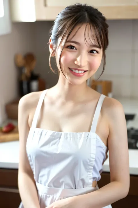 (Highest quality、Tabletop、8k、Best image quality、Award-winning works)、1. cute、(Naked and wearing only a white apron:1.1)、(The perfect pure white apron:1.1)、Perfect portrait photograph、Glowing Skin、Brown Hair、(Accentuate your body lines:1.1)、Standing Elegant...