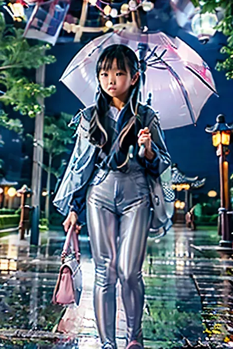 On the rainy playground, the girl hit the umbrella above her head, and held an umbrella in her other hand, blue denim leggings, masterpiece superb night moon full moon 1 female mature woman, Chinese sister royal sister cold face showing silver white long h...