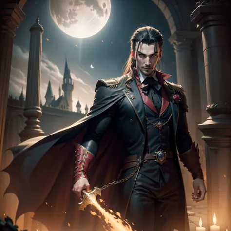 a realistic image of dracula from the shadow lord castlevania, a milieu de champion de bataillon with several soldiers tombés au...