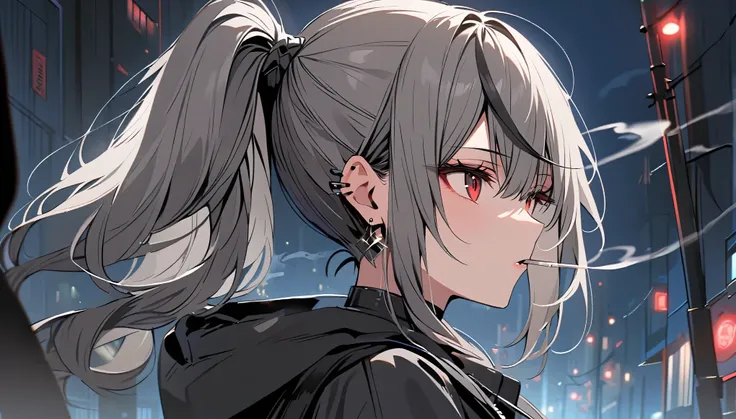 good looking, alone, 1 female, ponytail, black hair with smoky grey tips, red eyes,earrings, black shirt, black and white hooded...