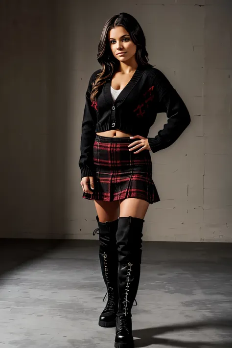 Wrestling ring portrait, a 25-year-old woman holding a coffee cup, black cropped knitted cardigan, arm:1, dark red narrow skirt with black plaid pattern, black knee-high wrestling boots, standing next to the ropes