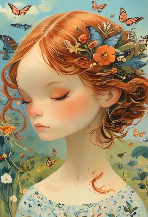 Oil Painting of a Woman、Redhead、Pigtails、Braid、butterfly々Fluttering、Jonathan Young Pintura、Adriano Borda、粘土のMixed Media、Elaborate Oil Painting Artwork、Shin Jin-hye、Mixed Media、director：Ishak Holtz、Made with Dried Flowers、Highly Conceptualized Figurative Ar...