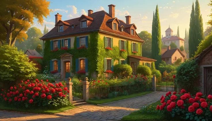 painting of a house with a garden and red roses in front of it, inspired by Evgeny Lushpin, beatiful house, detailed painting 4 k, inspired by Guido Borelli da Caluso, beautiful art uhd 4 k, by Evgeny Lushpin, old English village exterior, beautiful digita...